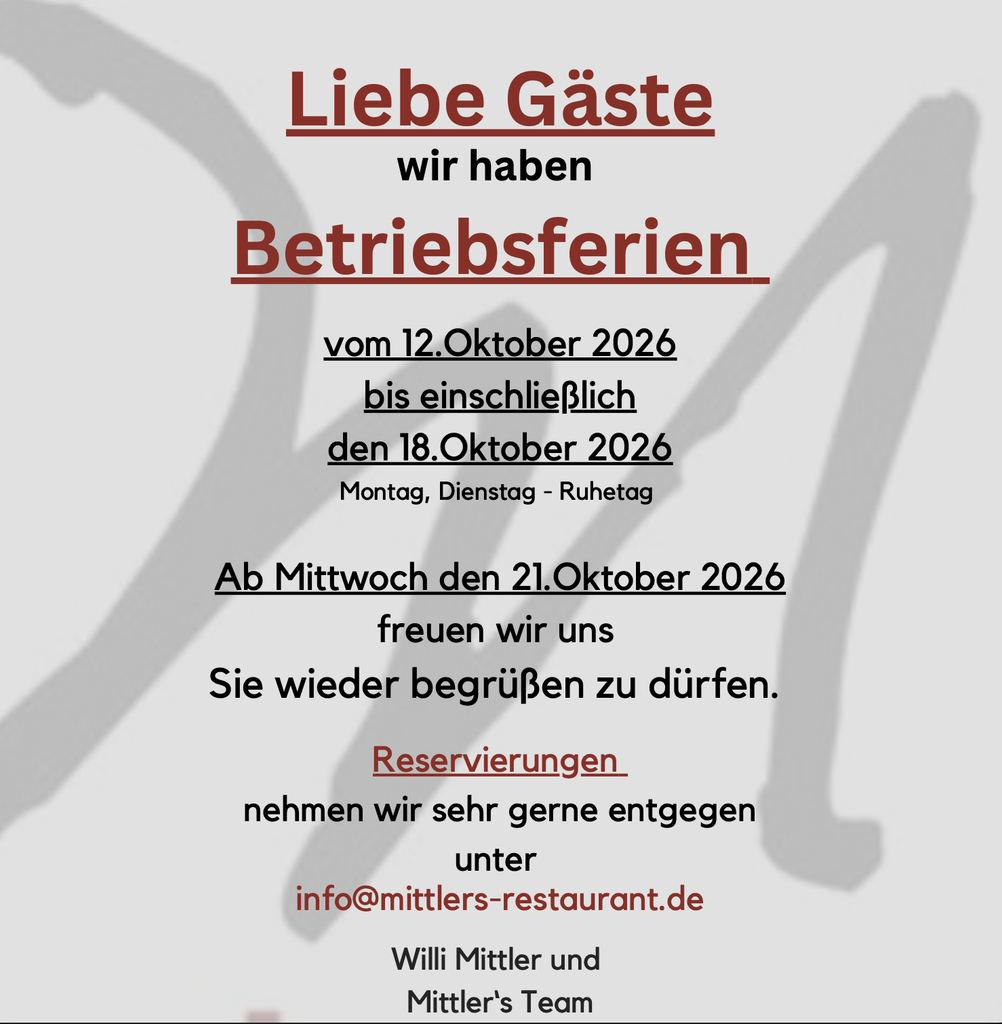 Betriebsferien 12.10. - 18.10.2026